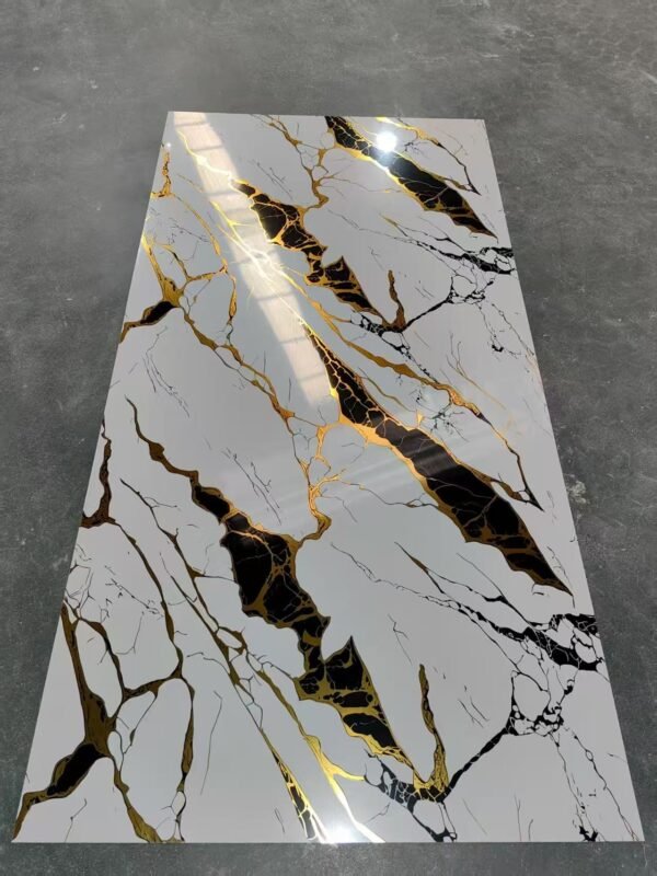 Calacatta White Marble-Effect Wall Panels with Dramatic Black & Gold Veins – High-Gloss Luxury Statement Cladding