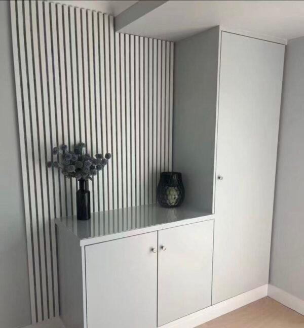 Light Grey Linear Slat Acoustic Wall Panels: Sleek & Serene Design