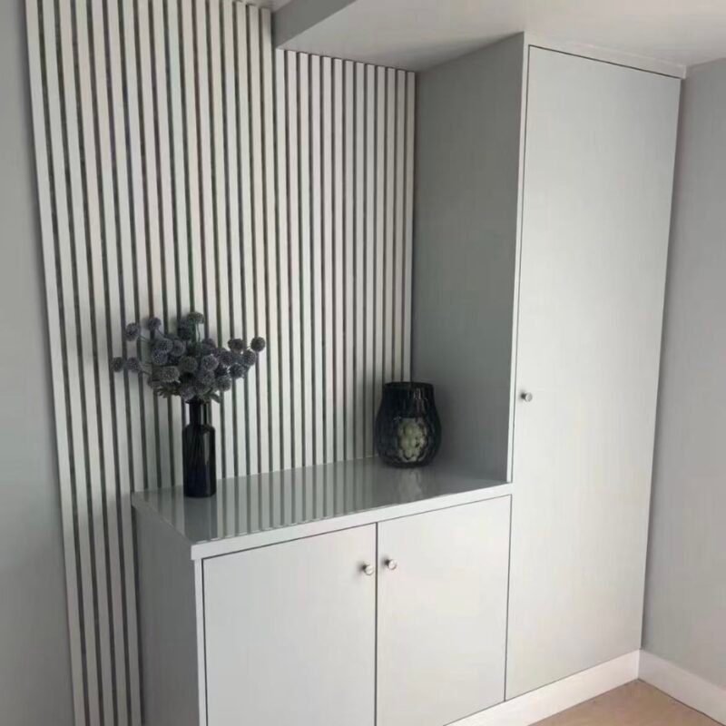 Light Grey Linear Slat Acoustic Wall Panels: Sleek & Serene Design