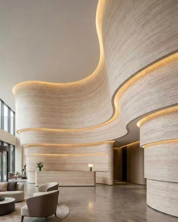 Flexible Beige Travertine Soft Ceramic Panels – Natural Stone Cladding for Curved Walls
