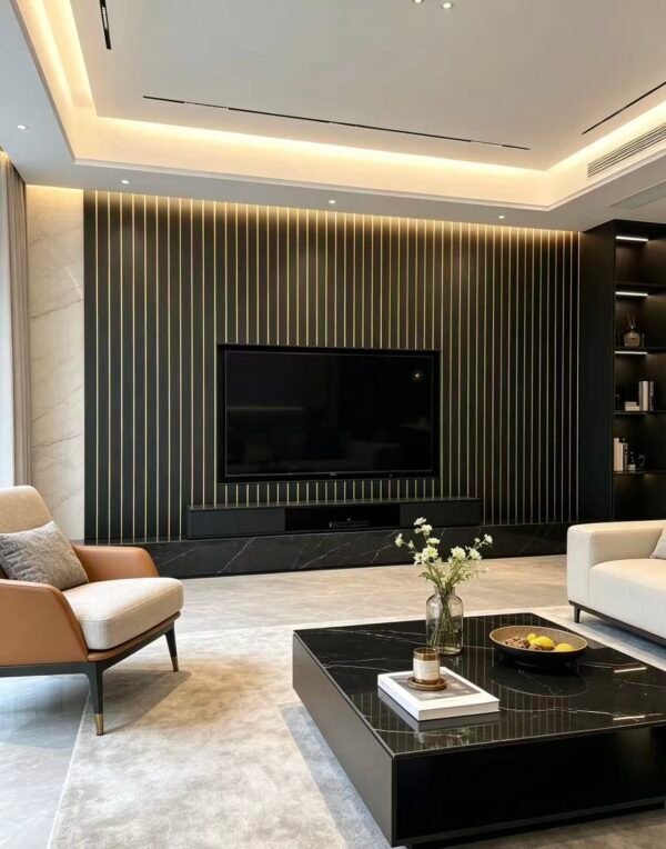 Black & Gold Linear PVC Wall Panels – Modern Fluted Feature Wall Cladding