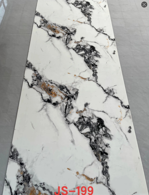 JS-199 White background with irregular black blocky gold fleck texture PVC marble wall sticker | Shandong Ding'en Wood Products Co., Ltd., available sizes: 30×60/60×60/60×300/120×300 cm