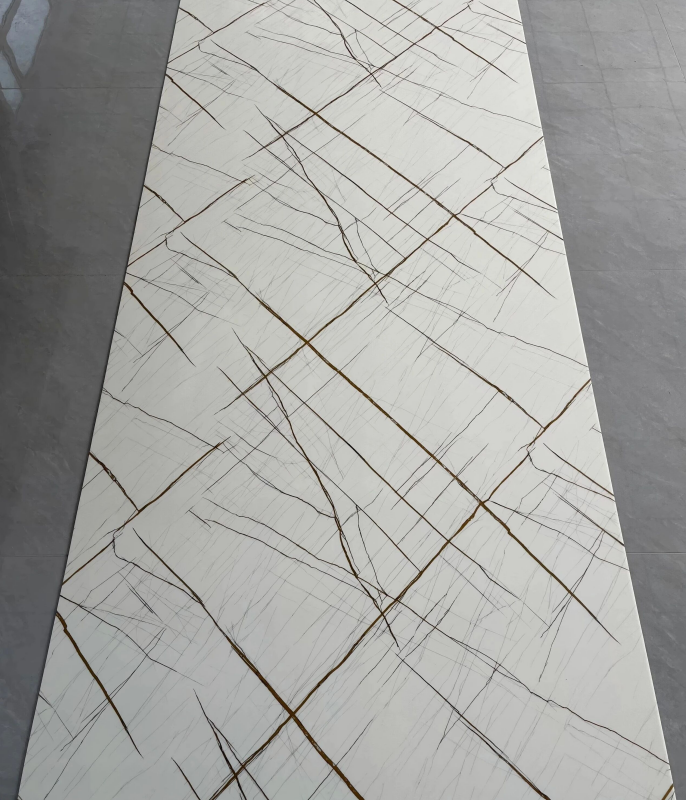 JS-246 White Marble Pattern Thin Gold Crack PVC Wall Sticker, Waterproof and UV-resistant Decorative Wall Panel, Produced by Shandong Ding'en Wood Products Co., Ltd. | Dimensions: 30×60/60×60/60×300/120×300 cm
