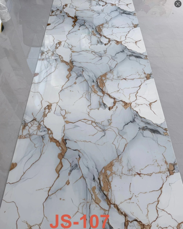 JS-107 White Marble Irregular Interwoven Golden & Smoky Grey Vein Self-Adhesive Wall Sticker | Shandong Ding'en Wood Products Co.,Ltd, Sizes:30×60/60×60/60×300/120×300cm, Thickness 2.5mm/2.8mm/3mm Customizable