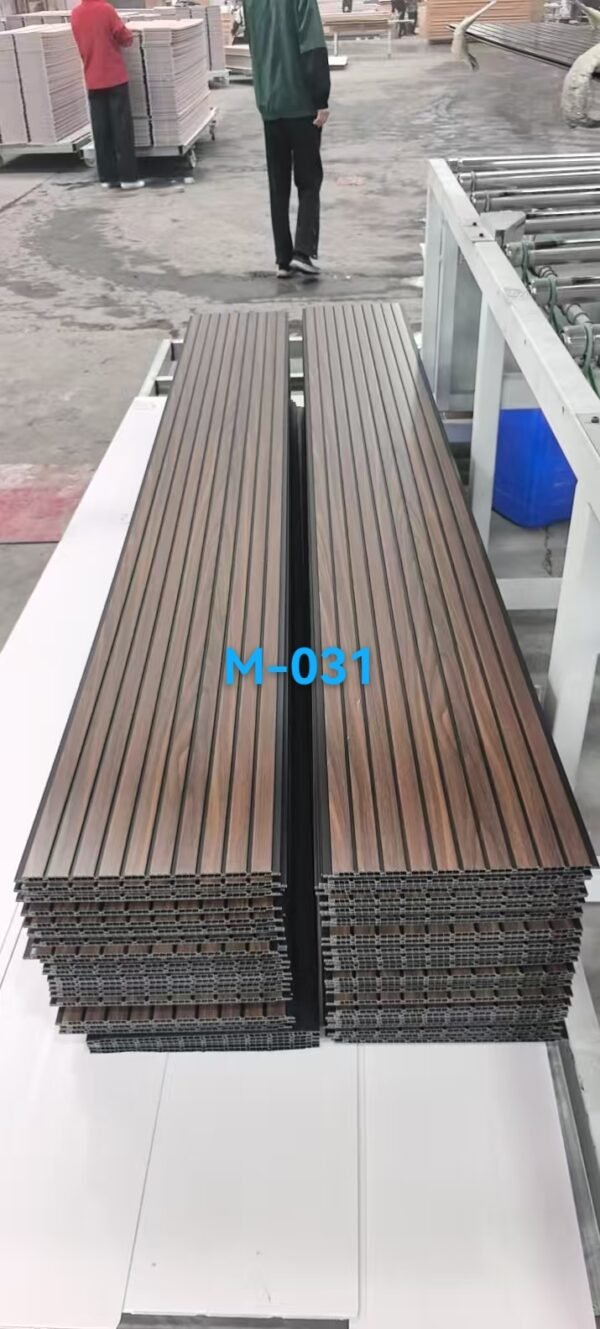 51ac428e6466d9622d934d6a27424742 Model M-031 Narrow Multi-Groove Black Divider Dark Wood Grain PVC Wall & Ceiling Panel