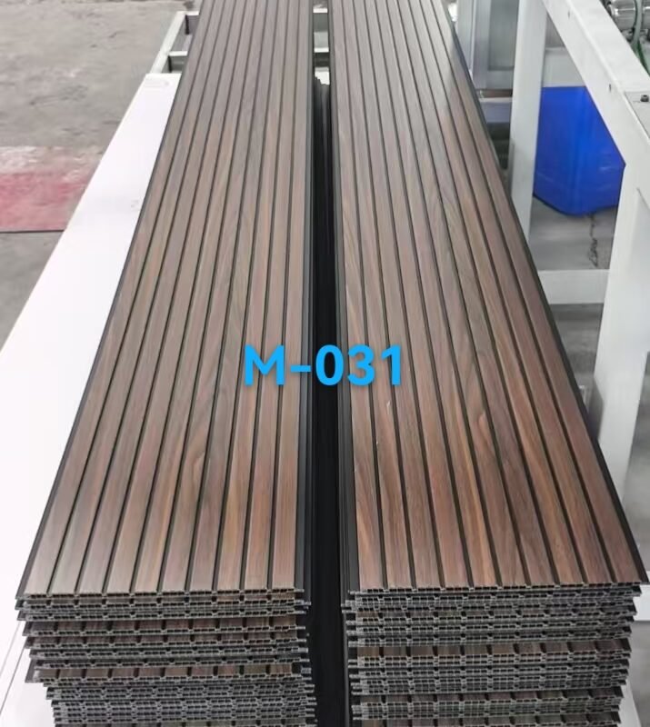 51ac428e6466d9622d934d6a27424742 Model M-031 Narrow Multi-Groove Black Divider Dark Wood Grain PVC Wall & Ceiling Panel