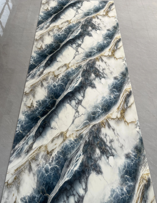 JS-79 White Marble Irregular Deep Ocean Blue Wavy & Golden Vein Self-Adhesive Wall Sticker | Shandong Ding'en Wood Products Co.,Ltd, Sizes:30×60/60×60/60×300/120×300cm, Thickness 2.5mm/2.8mm/3mm Customizable