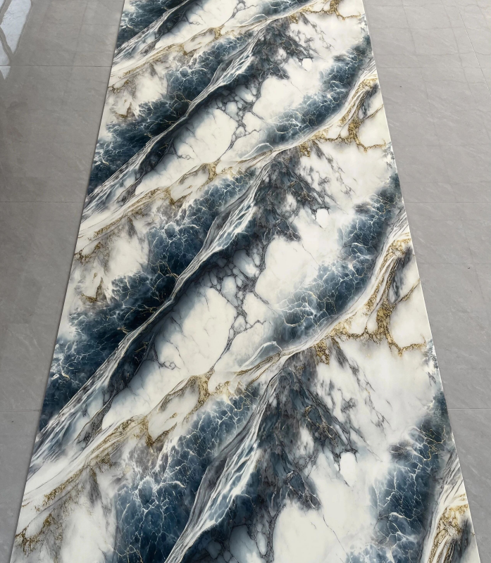 JS-79 White Marble Irregular Deep Ocean Blue Wavy & Golden Vein Self-Adhesive Wall Sticker | Shandong Ding'en Wood Products Co.,Ltd, Sizes:30×60/60×60/60×300/120×300cm, Thickness 2.5mm/2.8mm/3mm Customizable