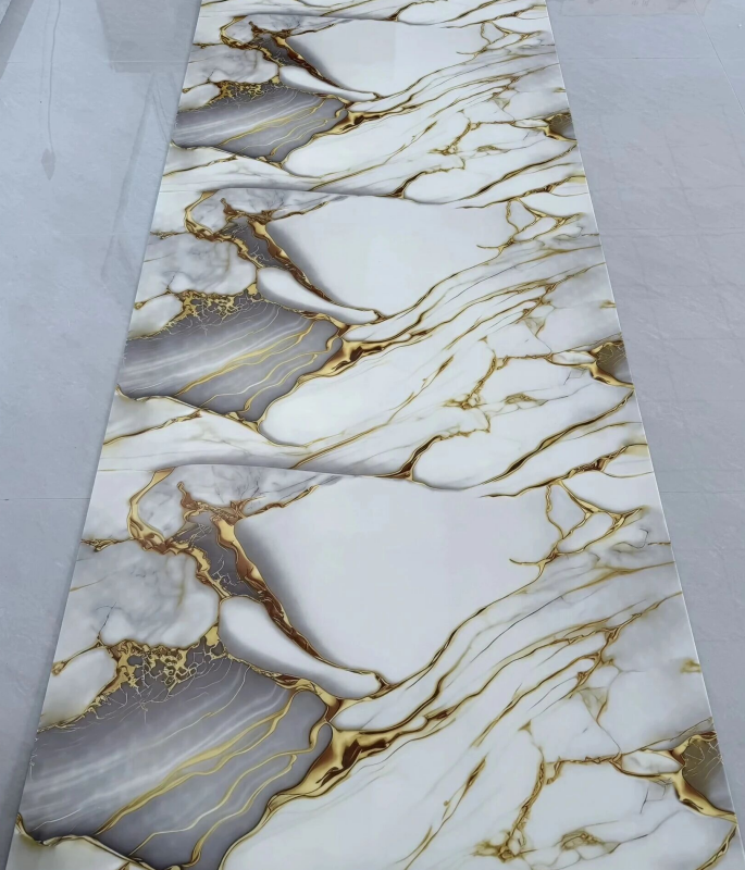 JS-72 White Marble Irregular Grey Cloud Patch & Glossy Golden Wavy Vein Self-Adhesive Wall Sticker | Shandong Ding'en Wood Products Co.,Ltd, Sizes:30×60/60×60/60×300/120×300cm, Thickness 2.5mm/2.8mm/3mm Customizable