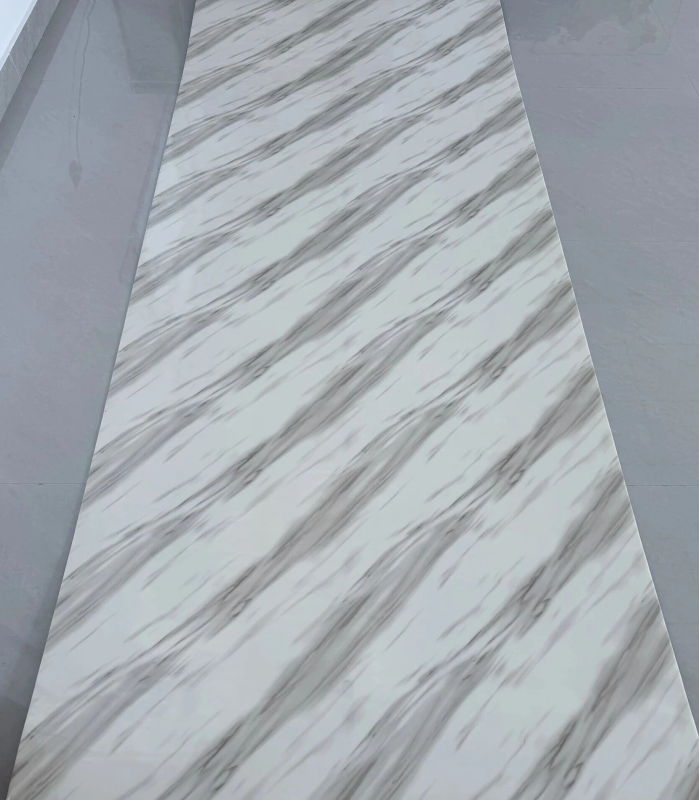 JS-06 Pure White Background Long Strip Diagonal Smoke Grey Slim Natural Vein Self-Adhesive Marble Wall Sticker | Shandong Ding'en Wood Products Co.,Ltd, Sizes:30×60/60×60/60×300/120×300cm, Thickness 2.5mm/2.8mm/3mm Customizable
