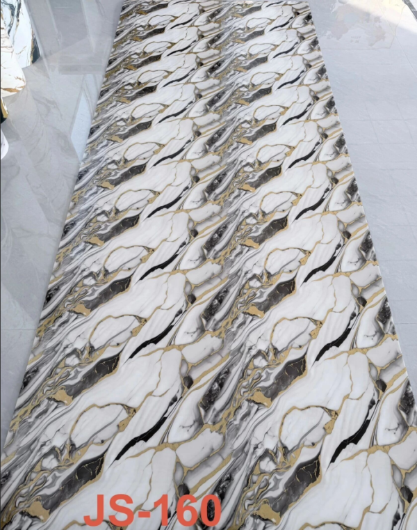 JS-160 White Base Diagonal Interlaced Black & Gold Vein PVC Marble Wall Skicker | Shandong Ding'en Wood Products Co.,Ltd, Available 30×60/60×60/60×300/120×300cm