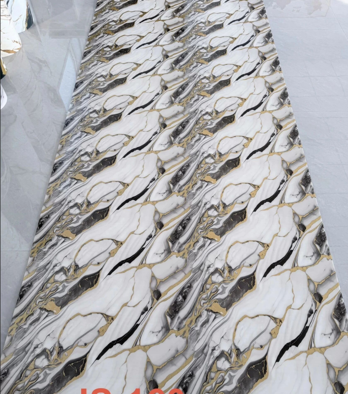 JS-160 White Base Diagonal Interlaced Black & Gold Vein PVC Marble Wall Skicker | Shandong Ding'en Wood Products Co.,Ltd, Available 30×60/60×60/60×300/120×300cm