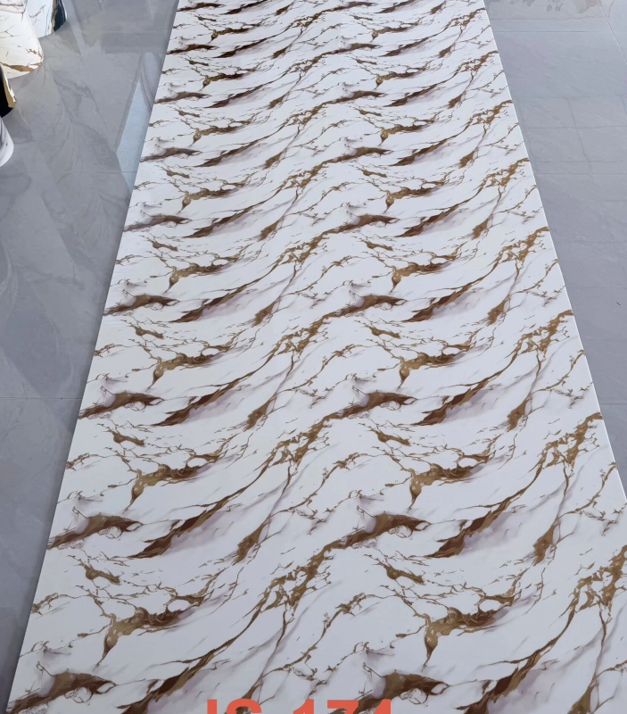 JS-174 White Background Continuous Coffee Gold Wavy Marble Pattern PVC Wall Sticker | Shandong Ding'en Wood Products Co., Ltd., Available Sizes: 30×60/60×60/60×300/120×300 cm