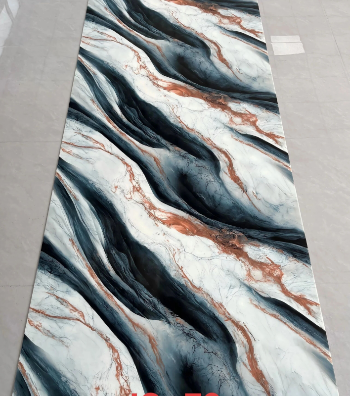 JS-78 White Background Irregular Dark Blue-Black Wavy & Copper Red Vein Self-Adhesive Marble Wall Sticker | Shandong Ding'en Wood Products Co.,Ltd, Sizes:30×60/60×60/60×300/120×300cm, Thickness 2.5mm/2.8mm/3mm Customizable
