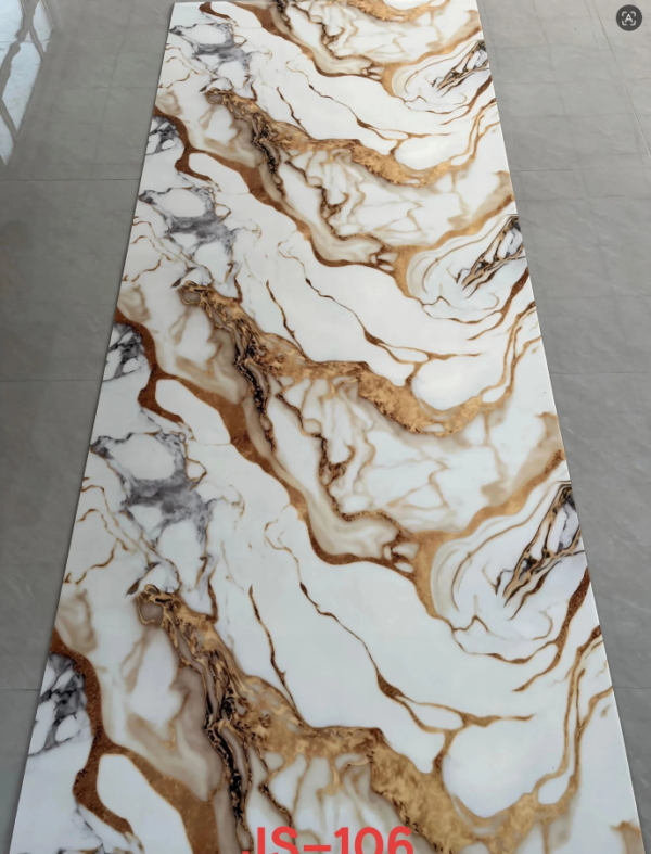 JS-106 White Background Flowing Irregular Gold and Smoky Gray Textured PVC Marble Wall Sticker | Shandong Ding'en Wood Products Co., Ltd., Available Sizes: 30×60/60×60/60×300/120×300 cm