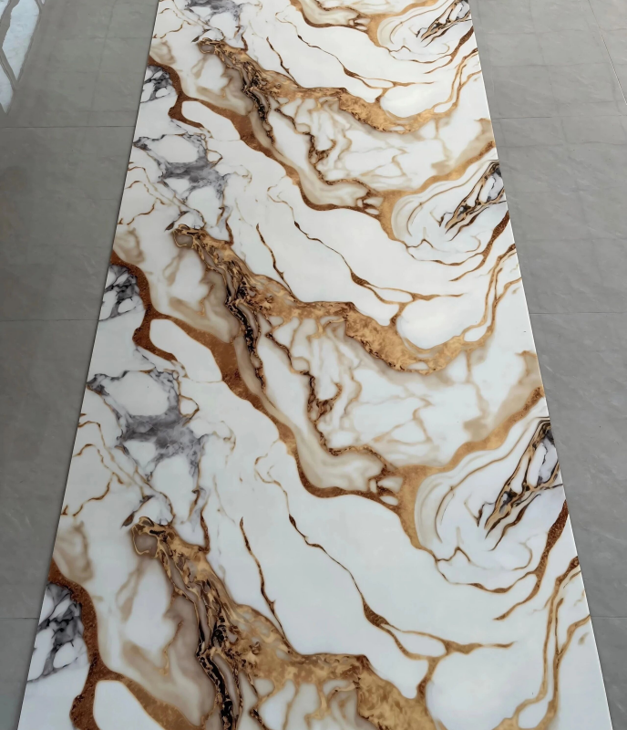 JS-106 White Background Flowing Irregular Gold and Smoky Gray Textured PVC Marble Wall Sticker | Shandong Ding'en Wood Products Co., Ltd., Available Sizes: 30×60/60×60/60×300/120×300 cm
