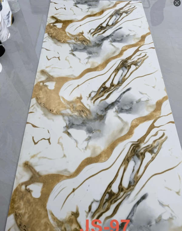 JS-97 White Marble Irregular Big Wavy Golden & Smoky Grey Vein Self-Adhesive Wall Sticker | Shandong Ding'en Wood Products Co.,Ltd, Sizes:30×60/60×60/60×300/120×300cm, Thickness 2.5mm/2.8mm/3mm Customizable