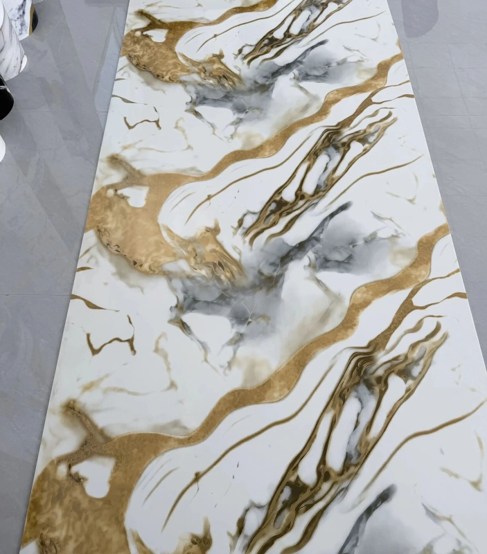 JS-97 White Marble Irregular Big Wavy Golden & Smoky Grey Vein Self-Adhesive Wall Sticker | Shandong Ding'en Wood Products Co.,Ltd, Sizes:30×60/60×60/60×300/120×300cm, Thickness 2.5mm/2.8mm/3mm Customizable