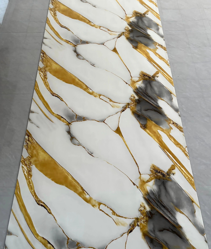 JS-86 White Marble Large Irregular Thick Gold & Smoky Grey Vein Self-Adhesive Wall Sticker | Shandong Ding'en Wood Products Co.,Ltd, Sizes:30×60/60×60/60×300/120×300cm, Thickness 2.5mm/2.8mm/3mm Customizable