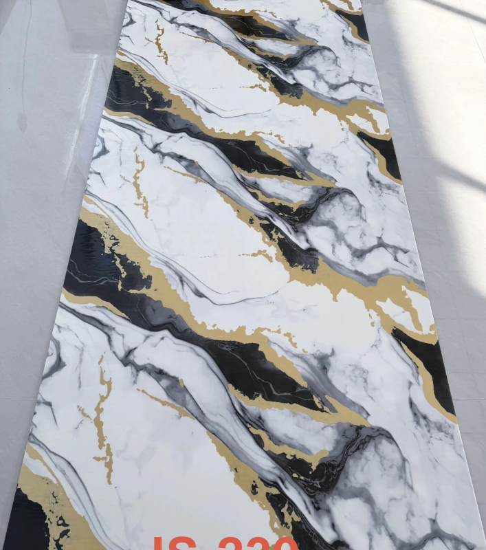 JS-239 Black White Gold Vein UV Marble PVC Wall Panel, Waterproof Marble Wall Cladding Tile in 30×60/60×60/60×300/120×300cm Sizes
