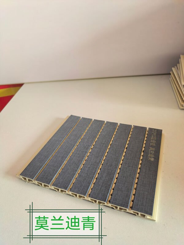 Morandi Cyan Linen Texture Solid Color Perforated WPC Acoustic Sound Absorption Panel 210mm×12mm | Shandong Ding'en Wood Products Co.,Ltd, Custom Cut Length:2.44/2.8/2.9m Available