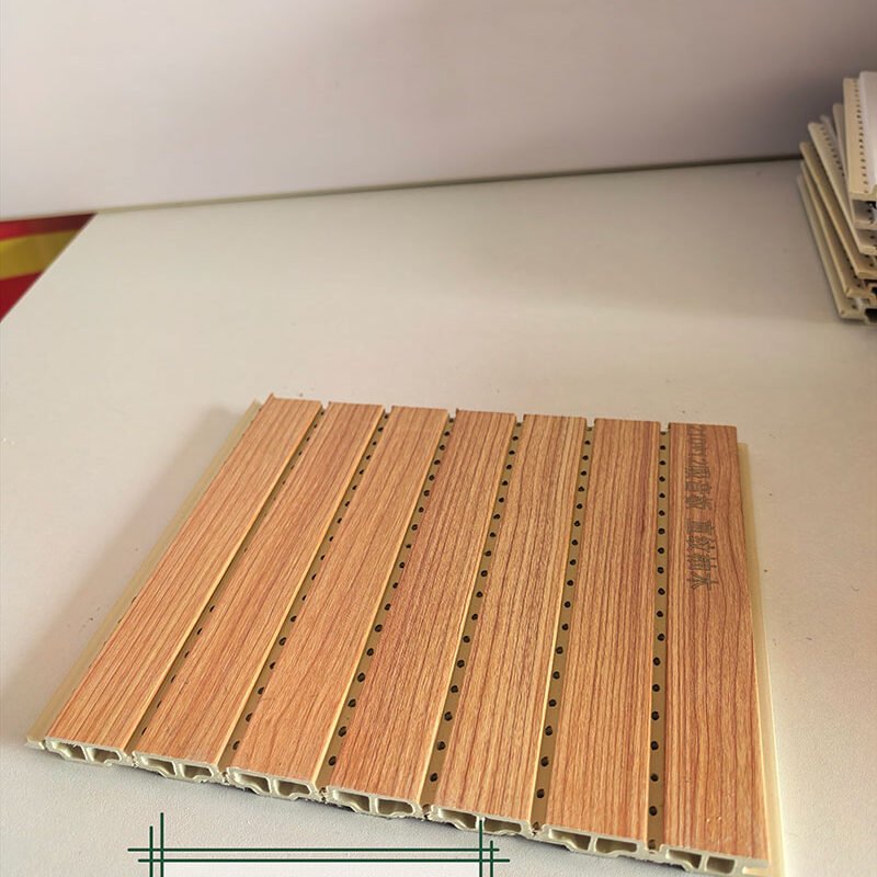 Neat Straight Teak Wood Grain Perforated WPC Acoustic Sound Absorption Panel 210mm×12mm | Shandong Ding'en Wood Products Co.,Ltd, Custom Cut Length:2.44/2.8/2.9m Available