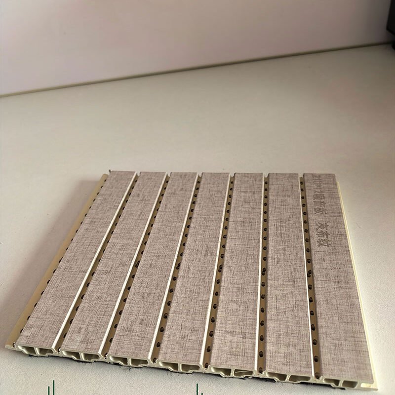 Matte Grey Linen Fabric Texture Perforated WPC Acoustic Sound Absorption Panel 210mm×12mm | Shandong Ding'en Wood Products Co.,Ltd, Custom Cut Length:2.44/2.8/2.9m Available